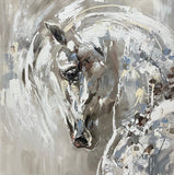 An abstract painting of a horse's head and neck rendered in expressive brushstrokes of white, grey, taupe, brown, and soft blue tones.