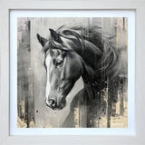 Framed artwork of a horse with abstract background