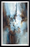Abstract artwork featuring a luminous white and light blue central form emerging from dark brown.