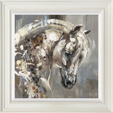 Abstract painting of a horse's head in a white frame