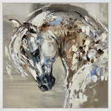 Abstract painting of a horse's head with brown, white, and black colors.