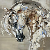 Abstract painting of a horse's head with brown, white, and black colors.
