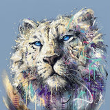 Colorful abstract painting of a lion's face on a light blue background