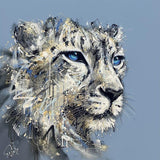 Framed artwork of a stylized snow leopard on a blue background