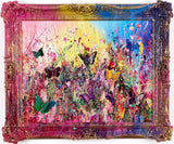 A colorful abstract floral artwork featuring a vibrant mix of pink, yellow, blue, purple, green with butterflys