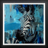 Abstract painting of a zebra with blue and black tones