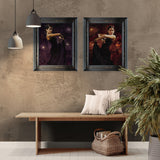 Two framed artworks of a dancer on a wall above a wooden bench with decorative items.