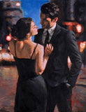 Painting of a couple embracing in an urban setting with lights in the background