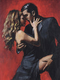 Painting of a couple embracing with a red background