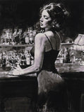 Woman at a bar holding a glass of wine with a dark, moody atmosphere.