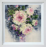 Framed artwork of a floral design with pink and white flowers on a gray background