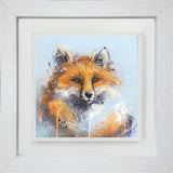 Framed artwork of a colorful fox on a light blue background
