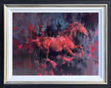 abstract oil painting of red horse on a dark background with a black and gold frame.