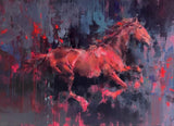 abstract oil painting of red horse on a dark background.
