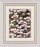 Floral artwork with pink, white and plum colours on a matalic background