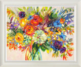 Colourful floral painting with a white frame