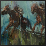 Framed painting of horseback riders on a grassy field with a colourful abstract background