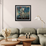Living room with a gray sofa, wooden coffee table, and abstract horse painting on the wall.