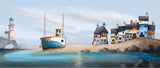 A whimsical coastal landscape artwork showing a sandy shoreline with a blue and white fishing boat moored near a cluster of colorful houses, a lighthouse on the left, and dark rocks in the foreground under a pale sky.