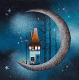 A whimsical night scene painting featuring a small cottage with a brown roof nestled inside a large crescent moon, set against a starry blue sky with bare trees in the background.