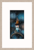 A framed art print featuring a whimsical illustration of a small house on a stone bridge under a starry night sky, framed