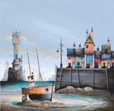 A whimsical coastal painting showing a small orange and black fishing boat resting on sand beside a wooden dock, with colorful houses, a tall stone tower, and a pale blue sky in the background.