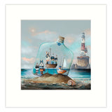 Illustration of a bottle with a miniature world inside, including houses, boats, and a lighthouse.