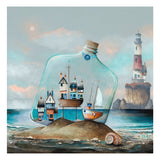 Framed artwork of a bottle with miniature houses and boats, surrounded by a coastal scene with a lighthouse.