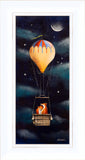 Painting of a fox in a hot air balloon against a starry night sky.