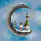 A whimsical painted scene of a crescent-shaped island floating in a starry blue sky. The island is covered in snow and houses, including a lighthouse, with bare trees and icy icicles along the curved shoreline.