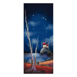 Painting of a lighthouse on a hill with a starry night sky and a tree in the foreground.
