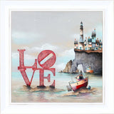 Illustration of 'LOVE' in red letters with a lighthouse and boats in the background.