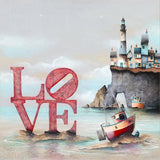 Illustration of 'LOVE' in red letters with a lighthouse and boats in the background.
