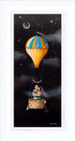 Hot air balloon with teddy bear in a basket against a starry night sky