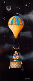 Hot air balloon with a character in space, under a starry sky.