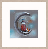 A snowman Dressed in warm clothes on a cresent moon with a fox and bird standing beside.