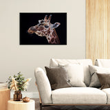 Framed artwork of a giraffe on a wall above a sofa in a living room.