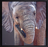 Close-up painting of an elephant with detailed texture on a gray background