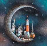 Whimsical fantasy moon & harbour artwork Gary Walton