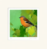 Painting of a bird perched on green leaves with a white border