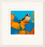 Framed artwork of a bird perched on flowers with a blue background
