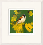 Framed artwork of a bird perched on yellow flowers with a green background
