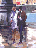 Painting of a couple walking besides a river.