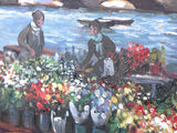 Detail of painting showing two people in front of a flower shop besides a river in a city
