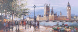 Painting of london city featuring people walking along the river with big ben in the background.