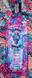 Colorful gin bottle packaging with abstract designs and text