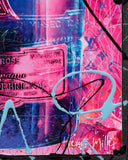 Pink and blue abstract design with visible brand name on a black background