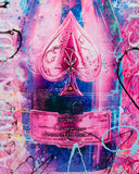 Champagne bottle with ace of spades design on a colorful abstract background