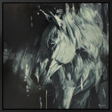 Artistic depiction of two horses in grayscale on a dark background