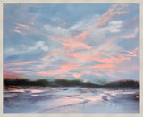 landscape painting of costal setting with blues and pinks